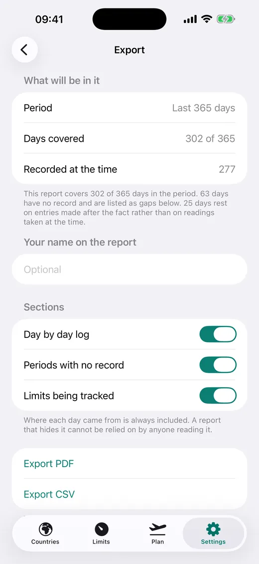The Export screen showing how much of the period is recorded before a PDF or CSV report is produced.