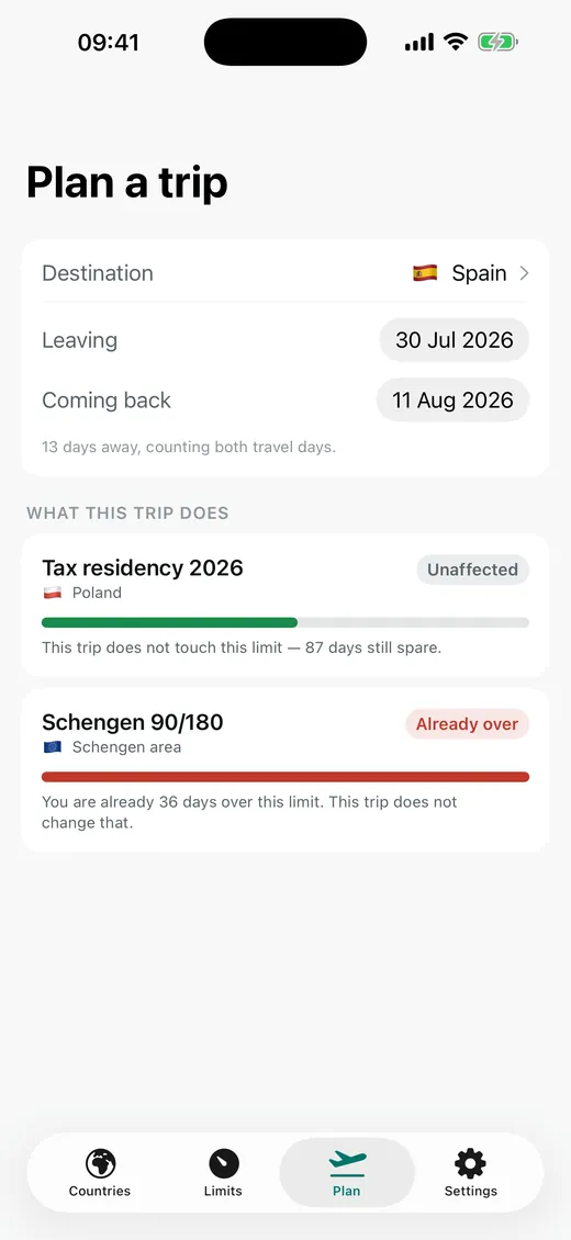The Plan screen, testing a trip against the limits before it is booked.